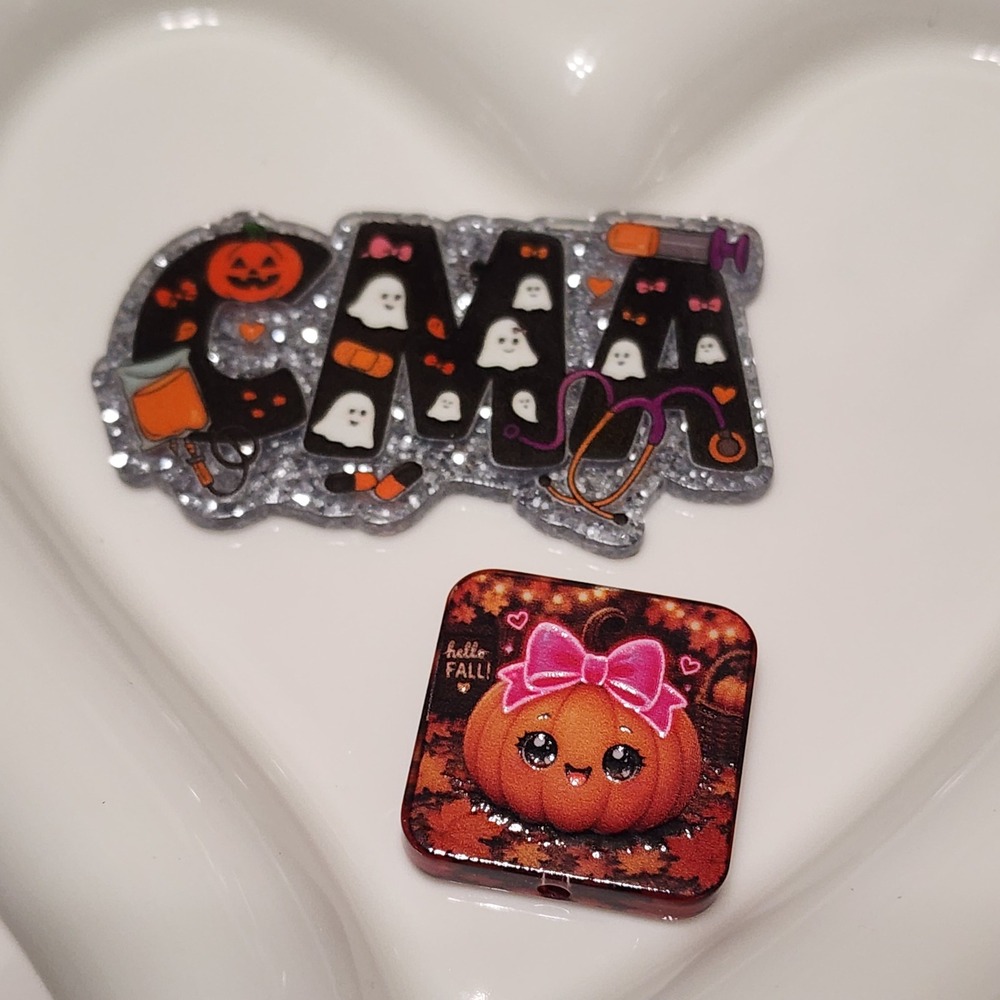 CMA Pumpkin Flatback Focal Bead Beaded Pen Badge Keychain Halloween